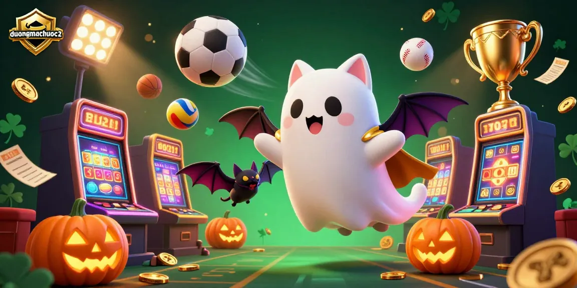 Experience duongmatchuoc2 with a friendly ghost cat and vampire bat in a lively casino surrounded by glowing game elements.
