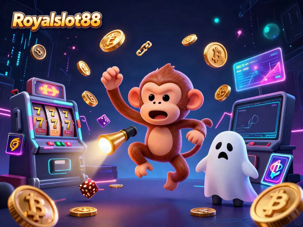 Ilustrasi kasino menarik di Royalslot88 dengan karakter lucu dan elemen slot yang dinamis.