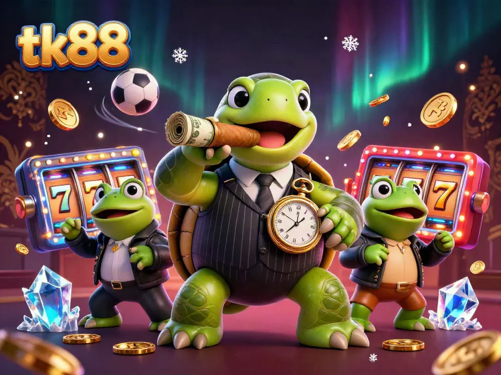 Engage in thrilling gameplay with tk88, featuring a cartoon turtle and bullfrogs celebrating a jackpot in a vibrant casino.