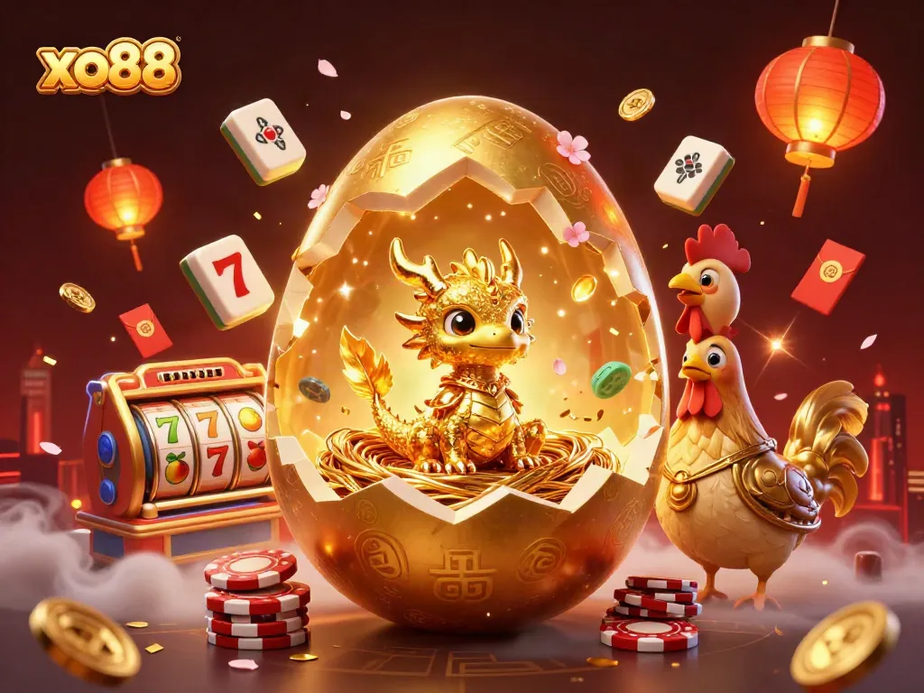 Experience thrilling gaming with xo88's golden dragon guarding poker chips and rich casino elements.