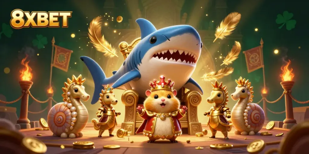 Experience 8XBET excitement with a fierce golden hamster king ruling from a shark throne amidst vibrant casino elements.
