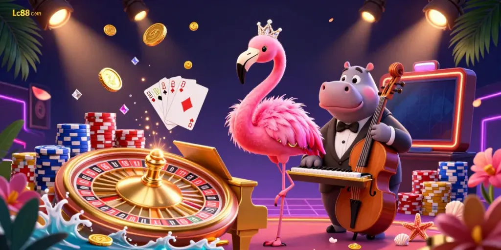 Experience thrilling gameplay at Lc88 com with vibrant casino scenes featuring animated characters and games.