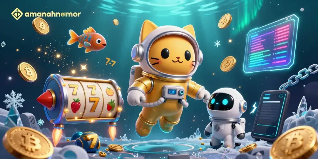 Gamer merayakan kemenangan di amanahnomor dengan simbol slot dan koin digital.