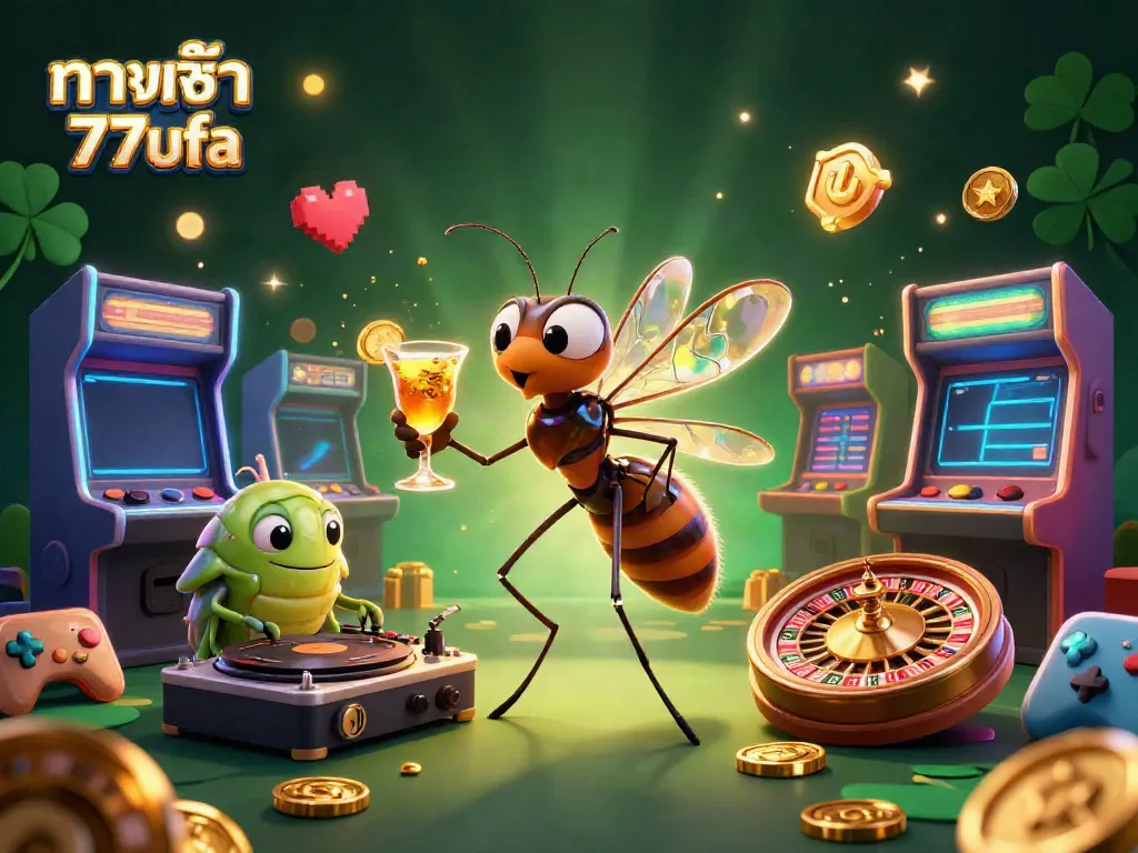 Win big at ทางเข้า 77ufa with an exciting 3D casino-themed illustration portraying gaming fun and vibrant energy.