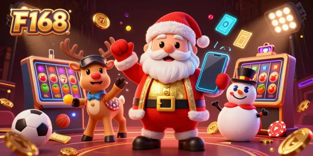 Experience F168's vibrant casino scene with Santa Claus and friends celebrating jackpots.