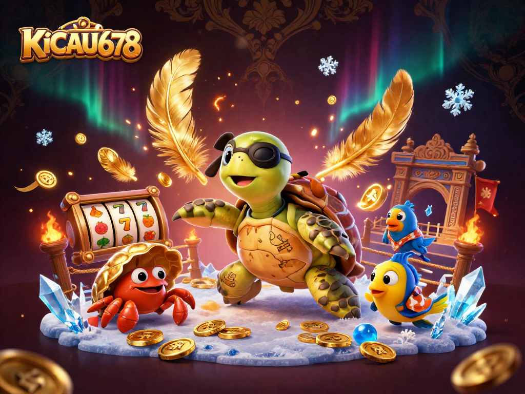 KICAU678 captures a vibrant 3D gambling scene with pirate turtle, crab, and parrotfish amidst casino elements.