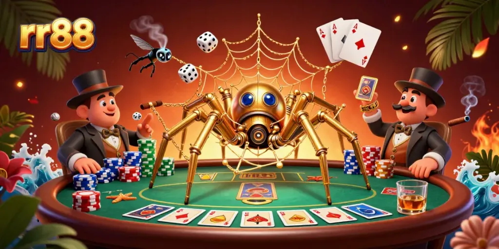 Engage in thrilling games at rr88 with a vibrant 3D casino illustration depicting a steampunk spider among poker elements.
