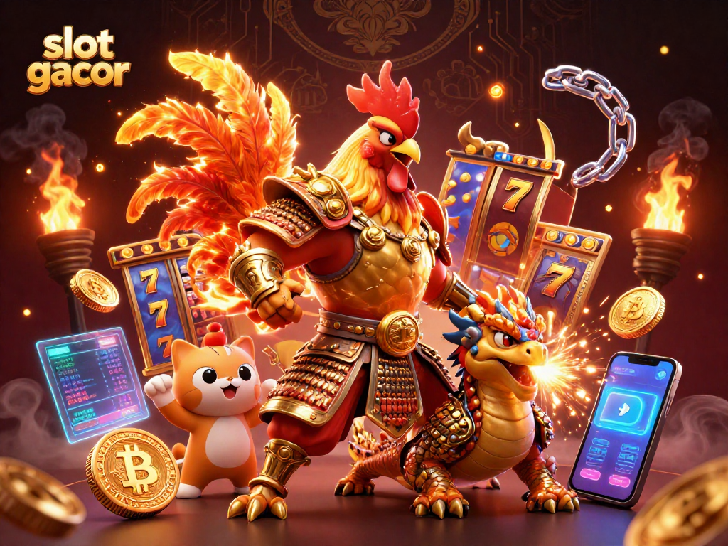 Experience the excitement of slot gacor with a powerful cartoon rooster in golden armor, slot reels, and crypto coins.