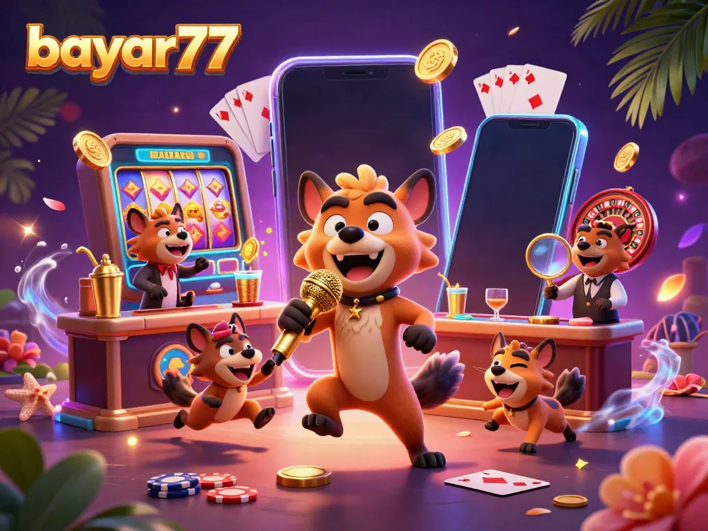 Experience vibrant gameplay with bayar77 in a lively comedy casino scene featuring hyenas.