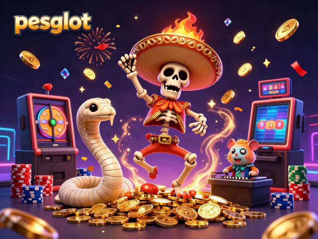 Experience the thrill of pesgslot with dynamic casino elements and animated characters celebrating victory.
