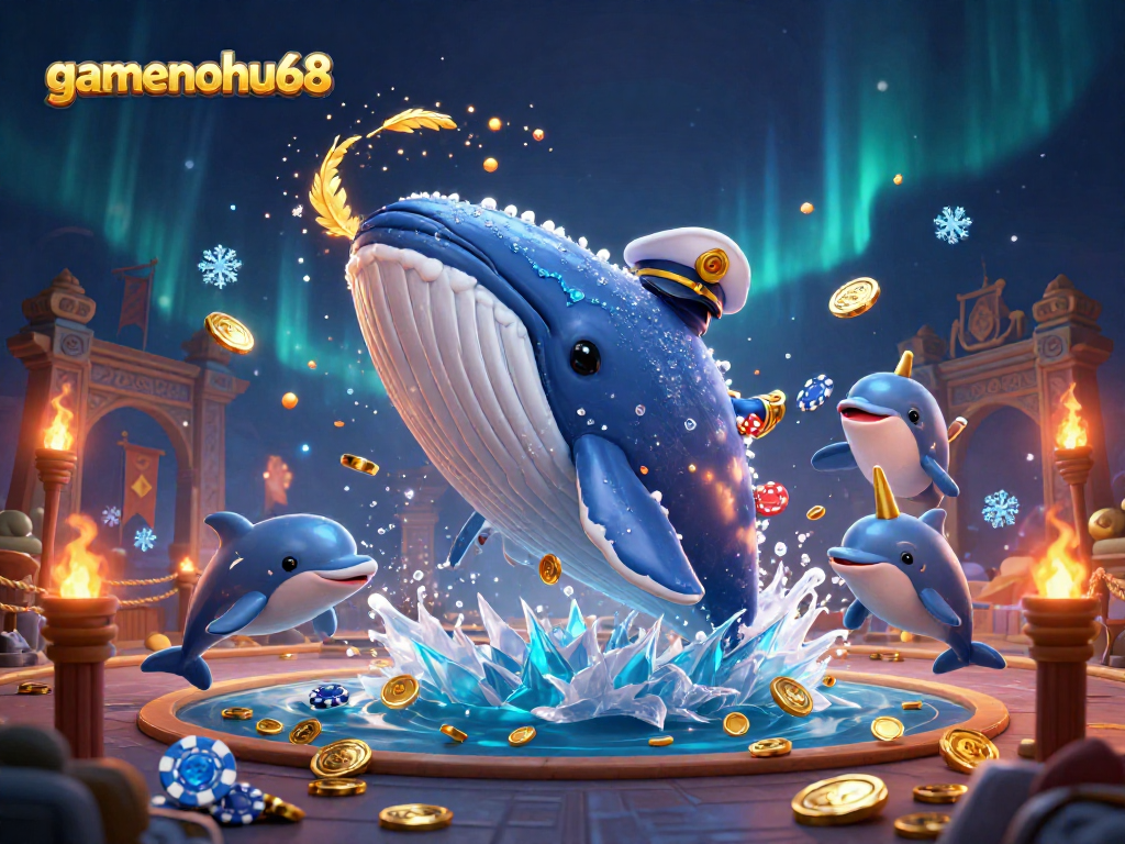 Experience the excitement with gamenohu68 as the whale captain breaches a sea of coins, surrounded by playful dolphins.