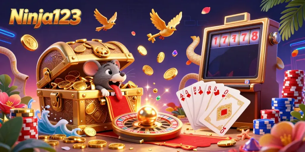 Ninja123 highlights thrilling adventures with cartoon casino treasures and game elements in a vibrant 3D scene.