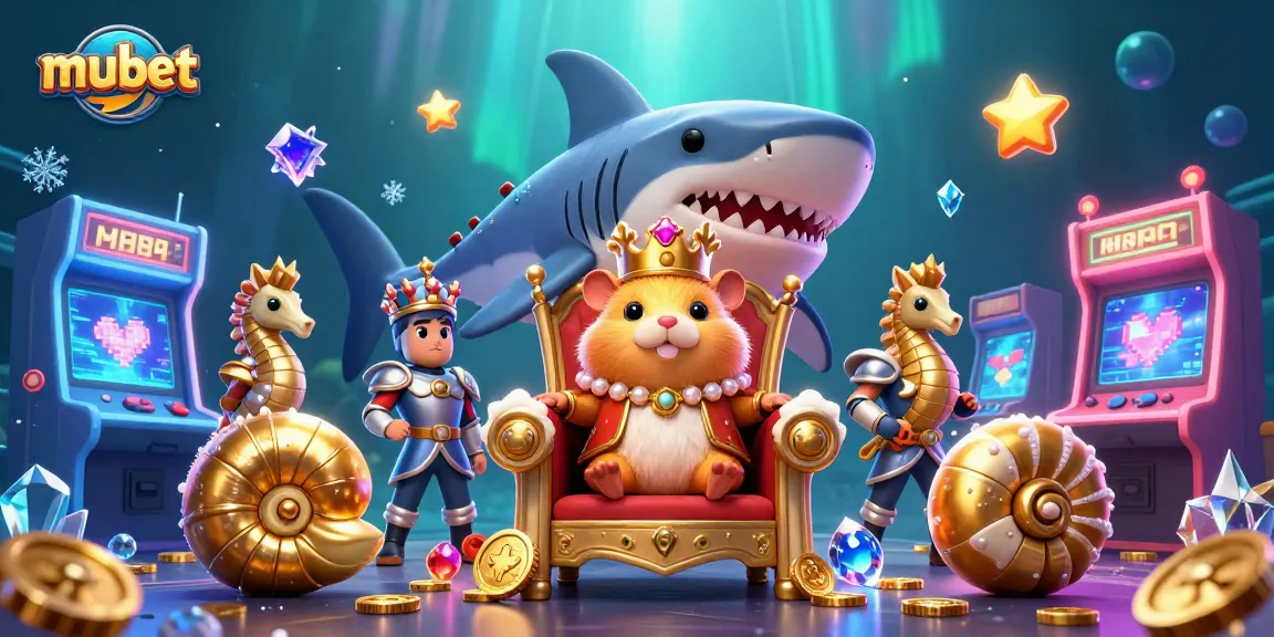 Join the action at mubet with a golden hamster king in a vibrant casino scene surrounded by game elements.