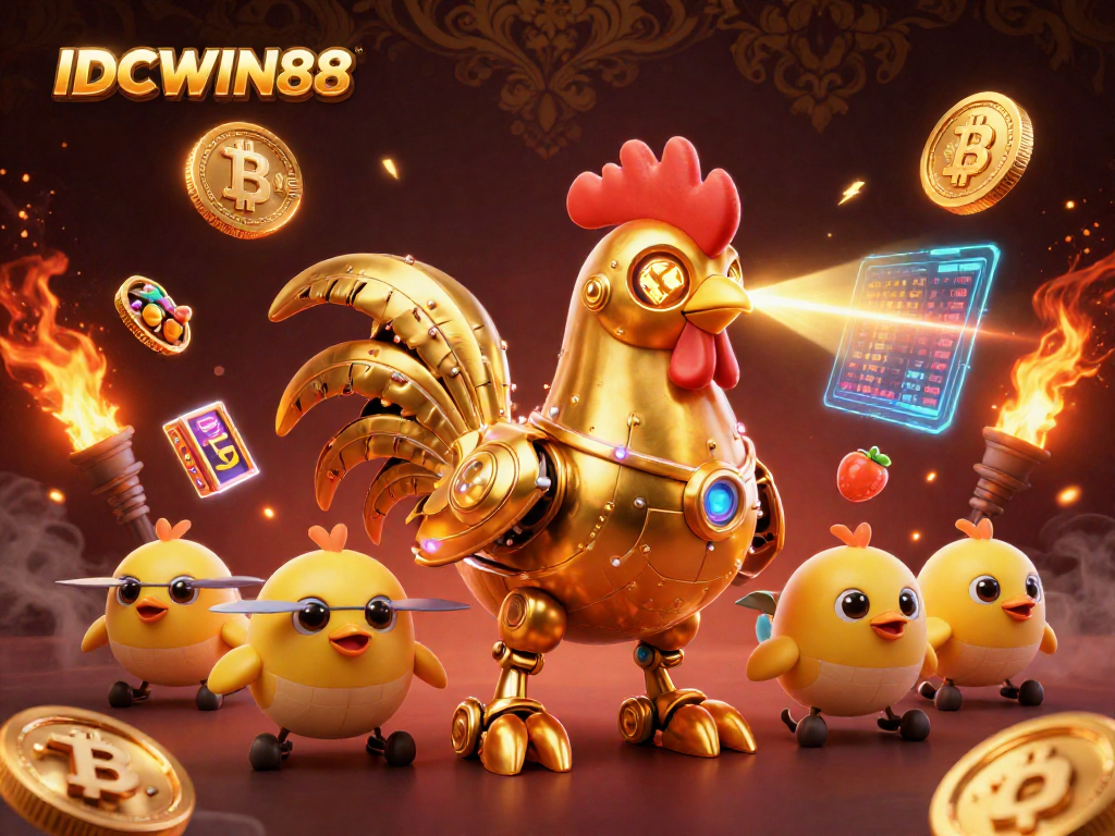 Engage with IDCWIN88's thrilling casino experience featuring a golden rooster and crypto elements.