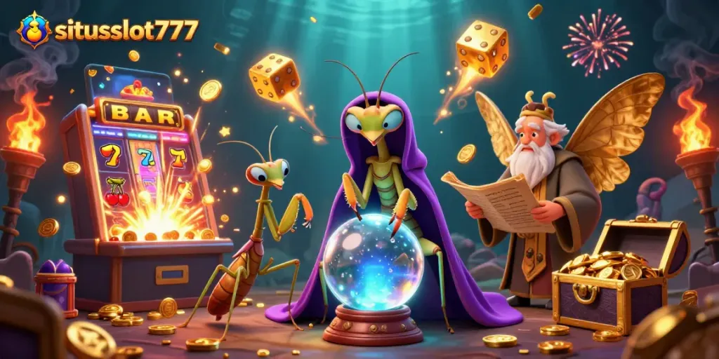 Spin the reels at situsslot777 with a vibrant scene of fortune tellers and slot machines bursting with winnings.