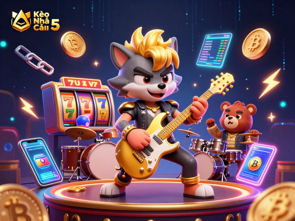 Kèo Nhà Cái 5 showcases a vibrant slot stage with a rock star wolf and energetic bear performing