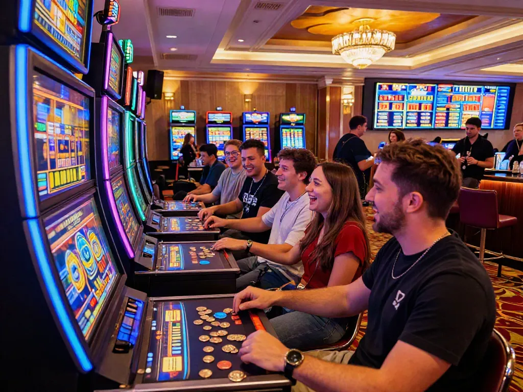 Friends enjoying ทดลองสล็อต in a vibrant casino gaming hall filled with neon lights and excitement.