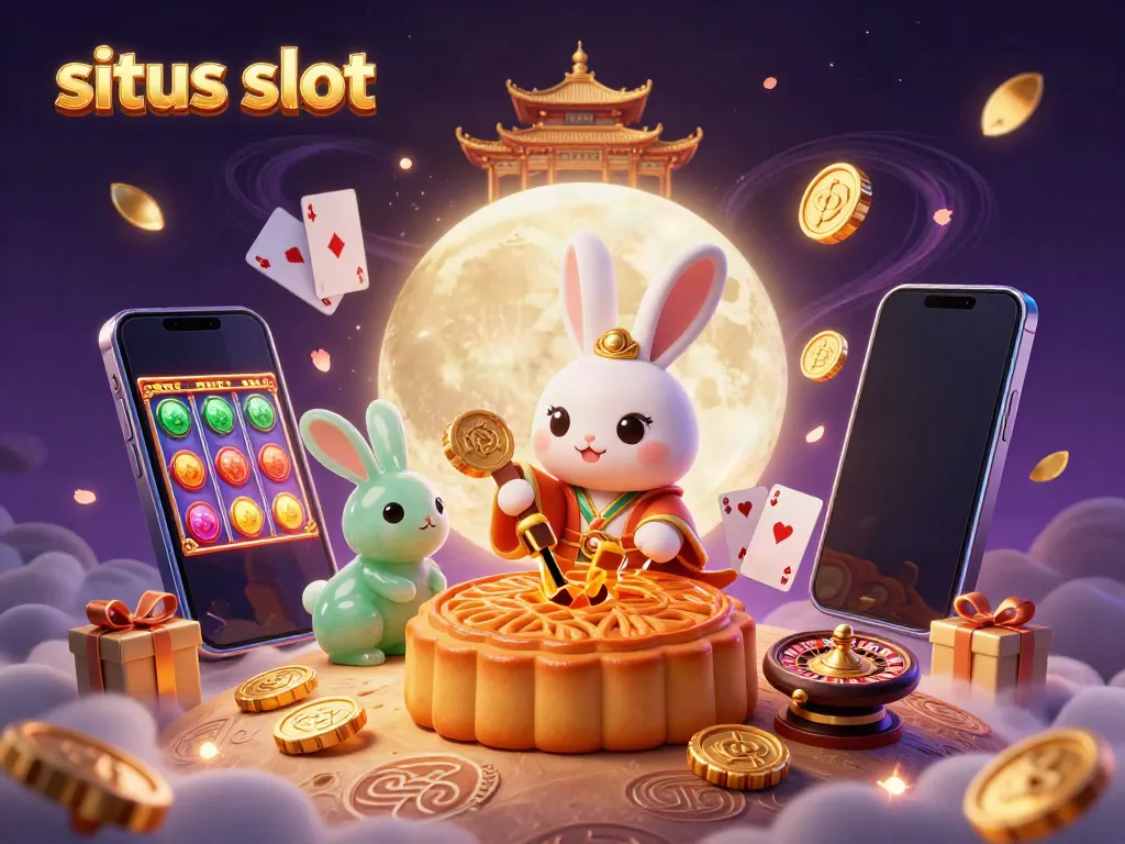 Gambarkan situs slot dengan kelinci bulan melawan latar belakang imersif dan elemen kasino.