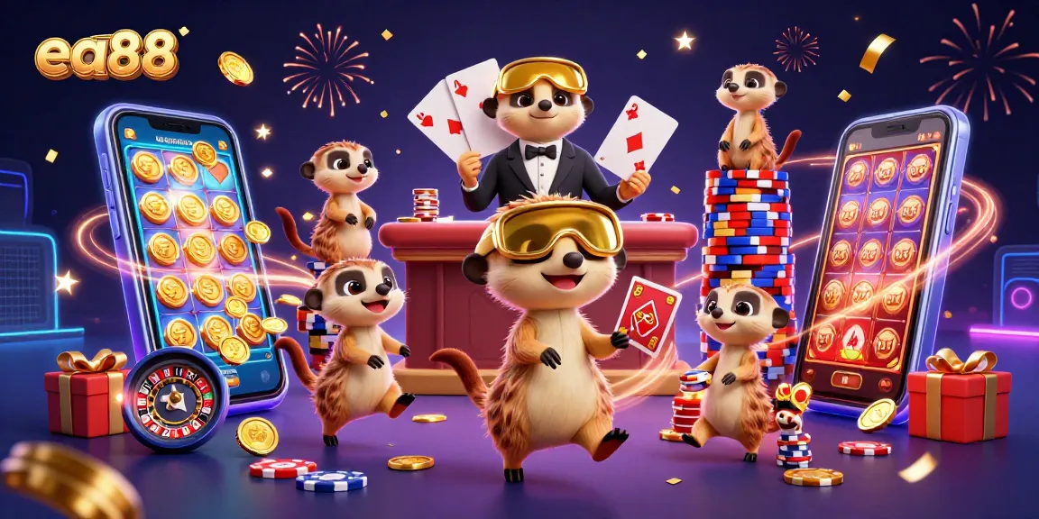 ea88 showcases a dynamic casino scene with meerkats, colorful slot games, and vibrant celebrations.