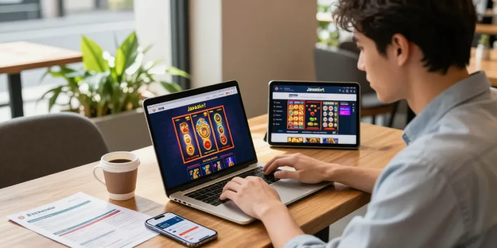 Pengguna Javaslot bermain game online di kafe modern, dikelilingi brosur bank dan perangkat finansial.