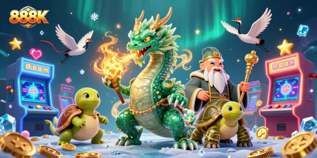 Engage with exciting 888K gaming adventures featuring a vibrant emerald dragon and dynamic casino visuals.