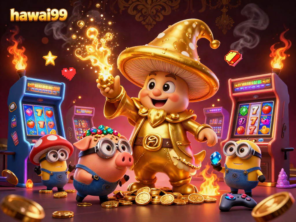 Join the fun at hawai99 with vibrant slot reels and a magical golden wizard in action.