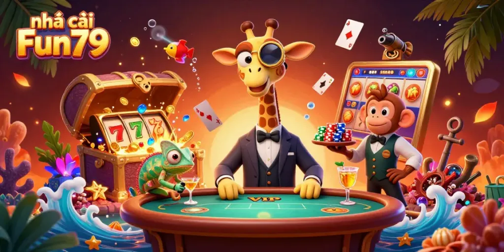 Engage in thrilling gameplay at nhà cái Fun79 with a high-roller giraffe and vibrant casino elements.