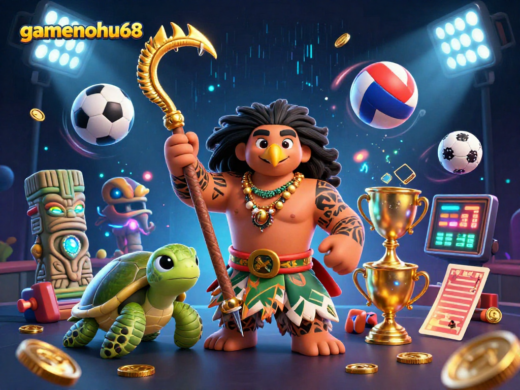 Engage with gamenohu68's vibrant, dynamic casino scene featuring a hero and sports elements.