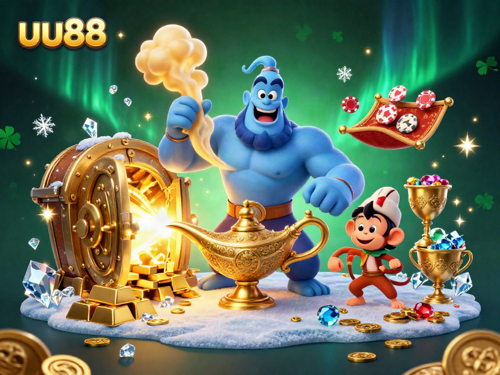 Experience excitement at uu88 with an enchanting scene of a genie, monkey, and treasures.