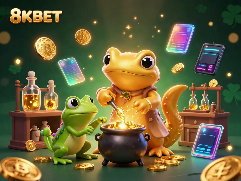 8KBET offers an exciting atmosphere with golden coins and vibrant digital elements showcasing online gaming excitement.