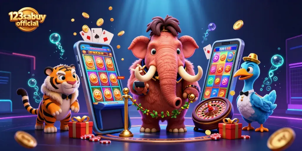Engage with 123sabuy official as a woolly mammoth bouncer checks VIPs, enhanced with casino elements.