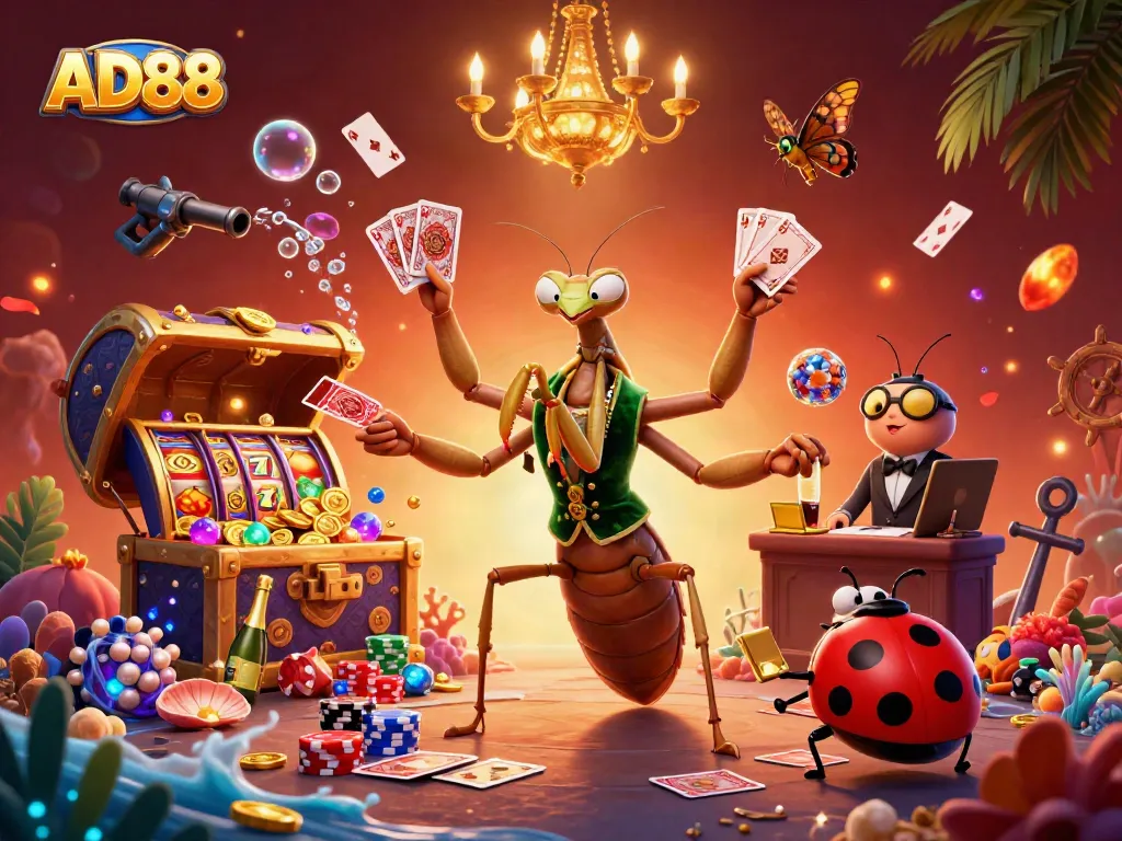 Experience AD88's vibrant slots theme with a giant mantis dealer and ladybug pit boss amidst gold treasures.