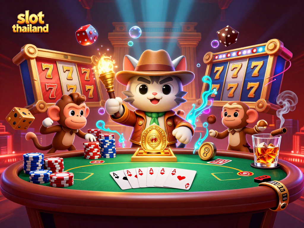 Engage in exciting slot thailand gameplay with a cat explorer and monkey in a vibrant 3D casino.