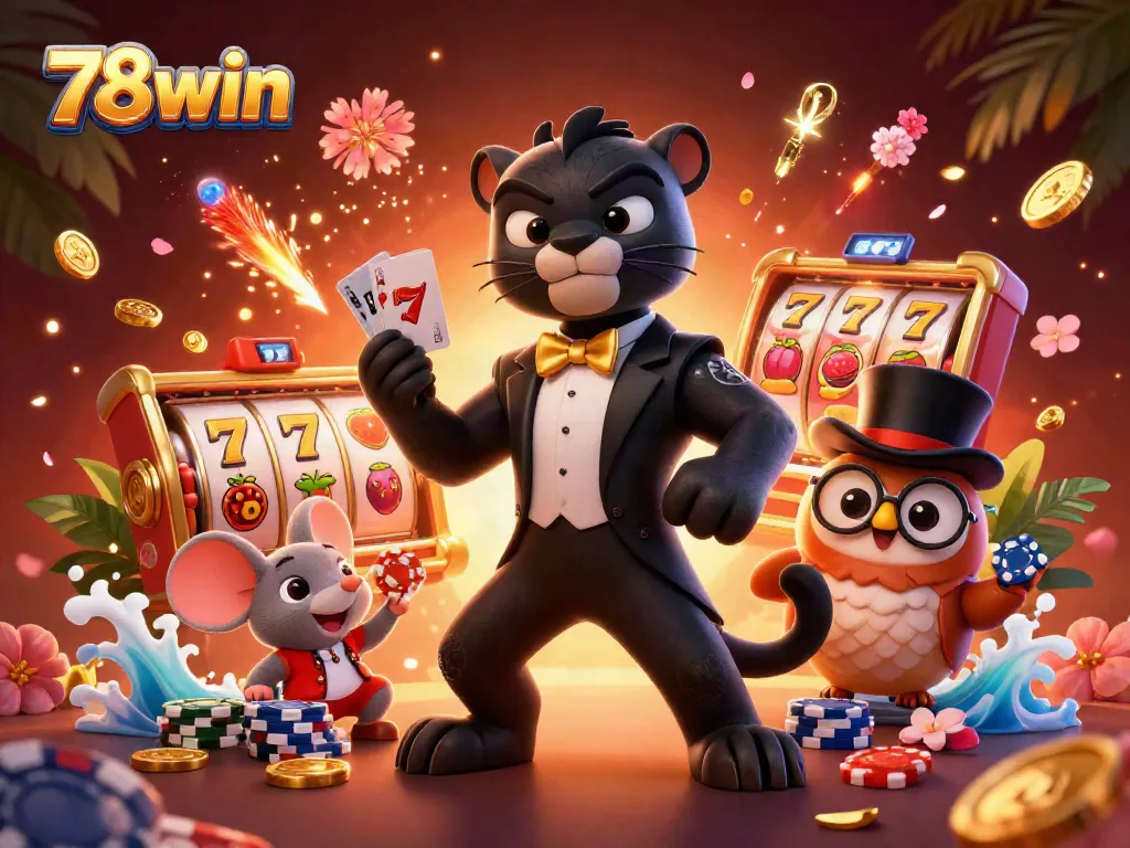 Experience the thrill of 78win casino with vibrant characters and dynamic slot games in this detailed illustration.