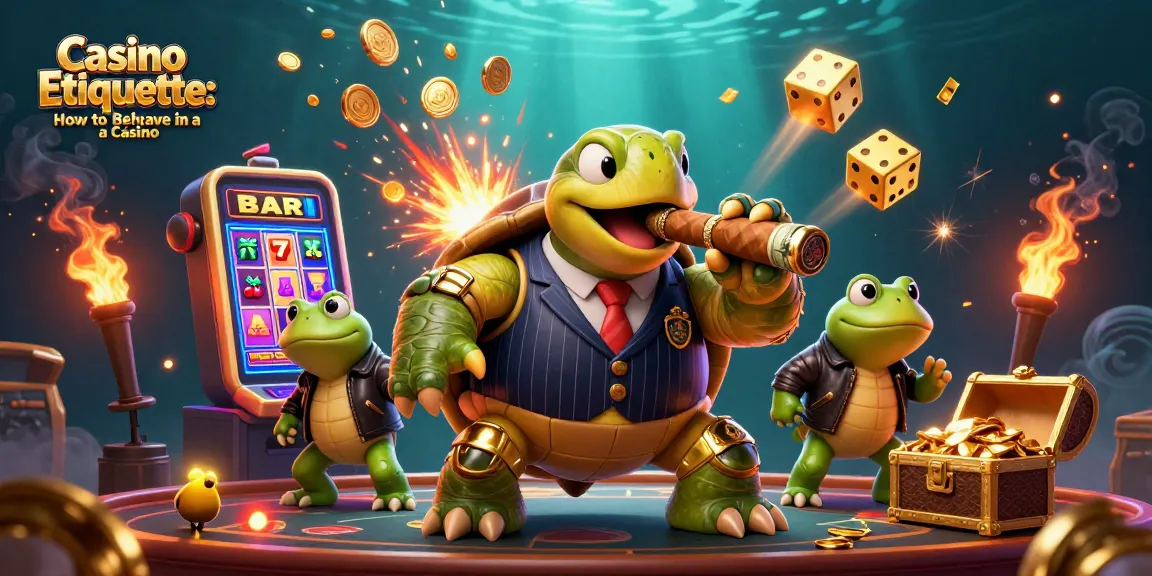 Casino Etiquette: How to Behave in a Casino illustrated with a turtle in mobster attire surrounded by vibrant gambling elements.