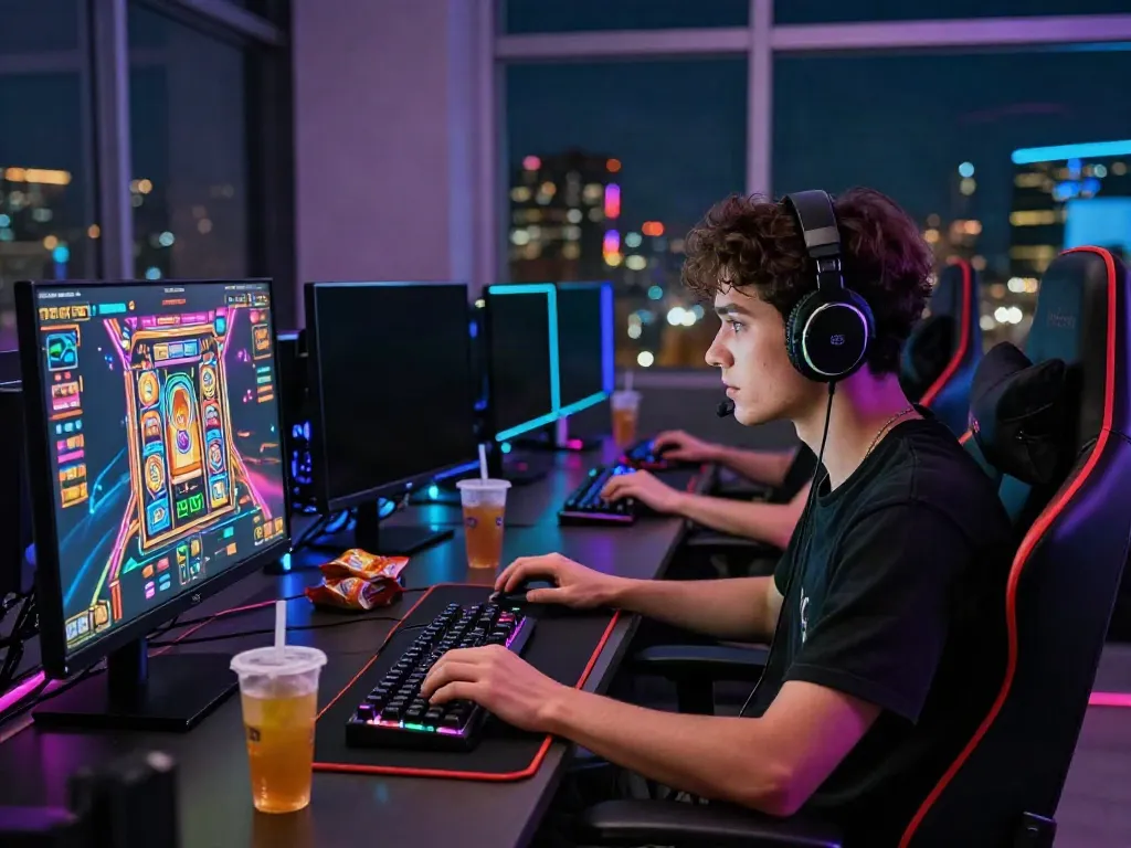 Engaged player enjoying qqmacan slot games in a dynamic gaming room.