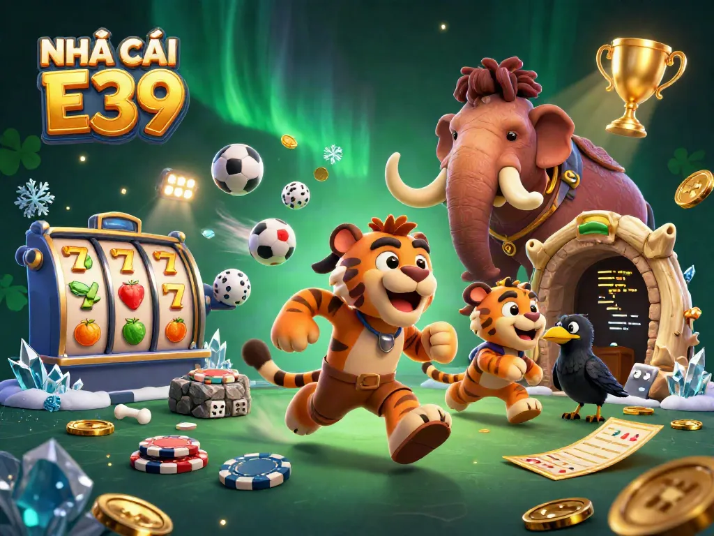 Experience the excitement of NHÀ CÁI E39 in a vibrant prehistoric casino scene with unique gaming elements.