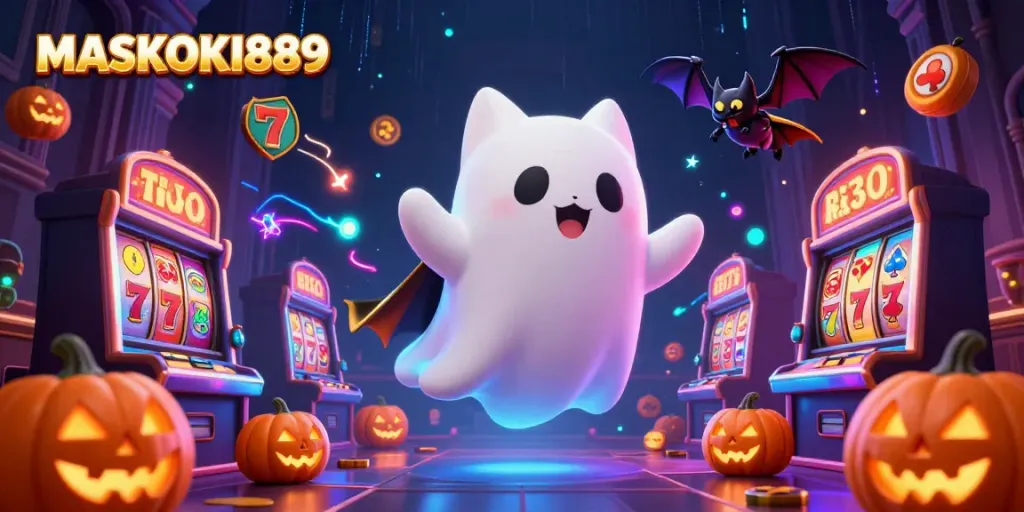 Experience thrilling play at MASKOKI889 with a friendly ghost cat and glowing jackpot elements.