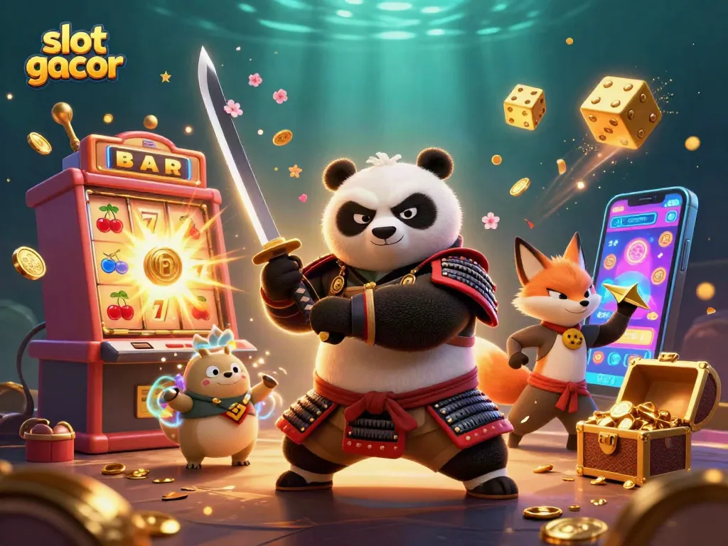 Slot gacor memberikan pengalaman bermain yang unik dengan karakter panda samurai dan ninja rubah di latar belakang kasino yang penuh warna.