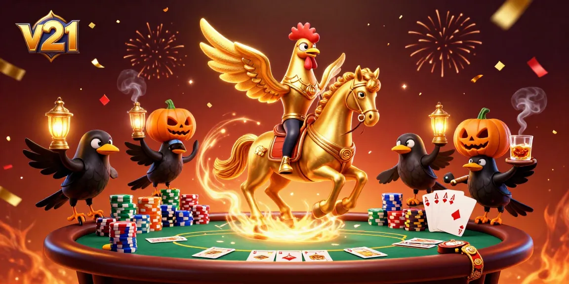 Gambarkan suasana kasino malam dengan v21, menggunakan ayam jantan emas dan teman-teman burung gagak