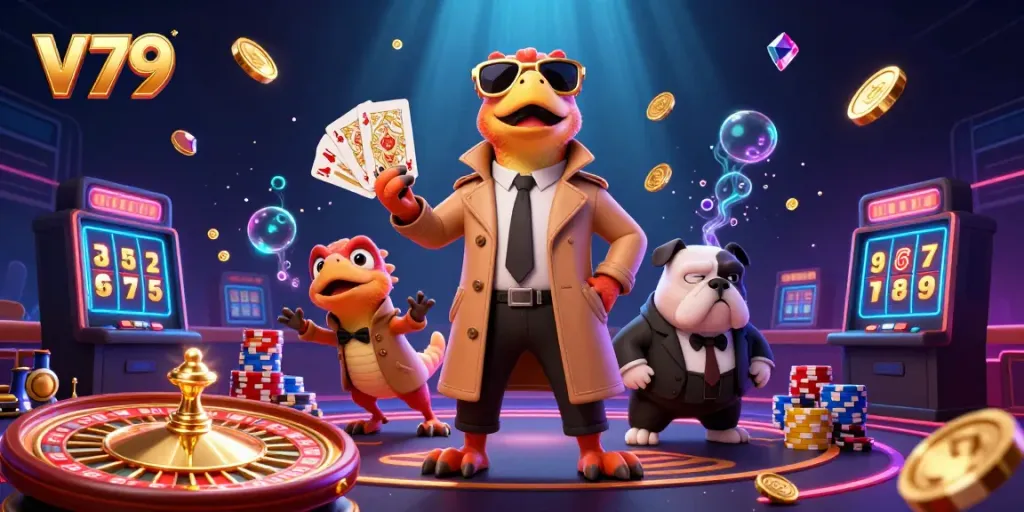 V79 showcases raptors in disguise entering a VIP casino, surrounded by vibrant casino elements and rich details.