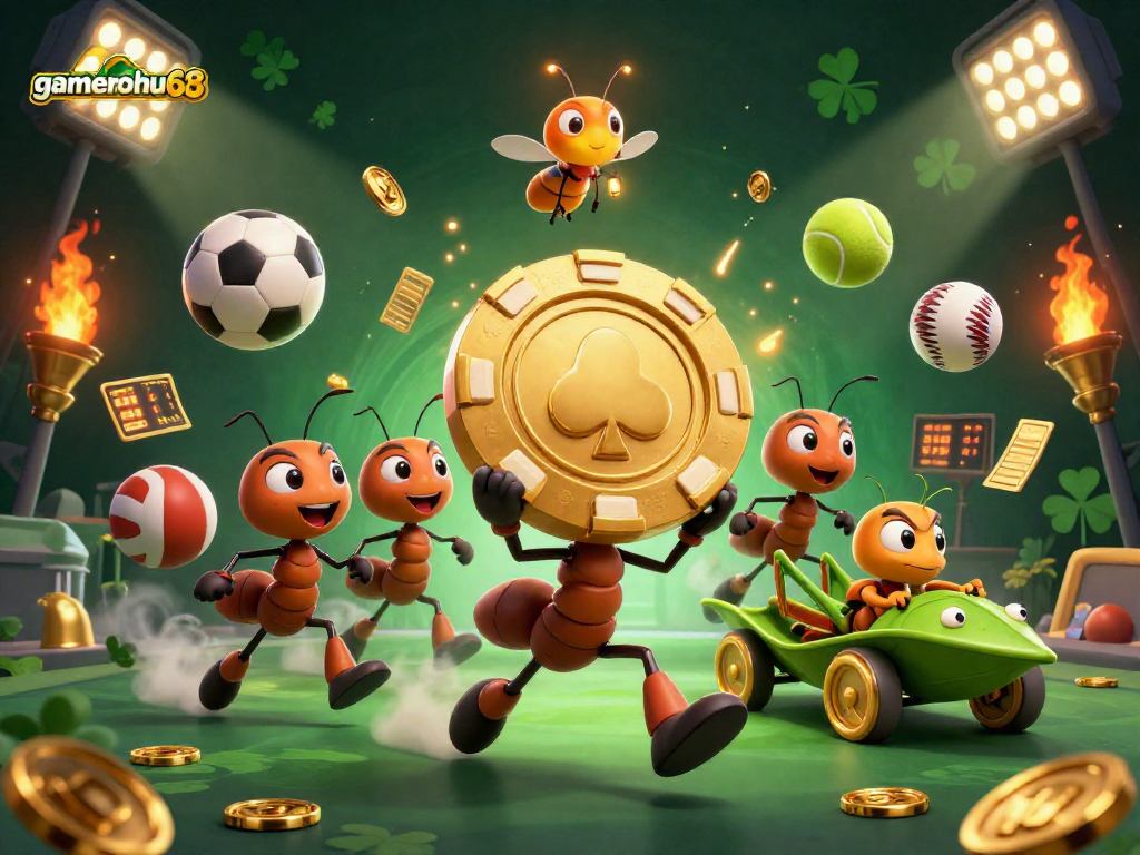 Gamenohu68 showcases cartoon ants heisting a giant poker chip amid sports-themed chaos in a gambling adventure.