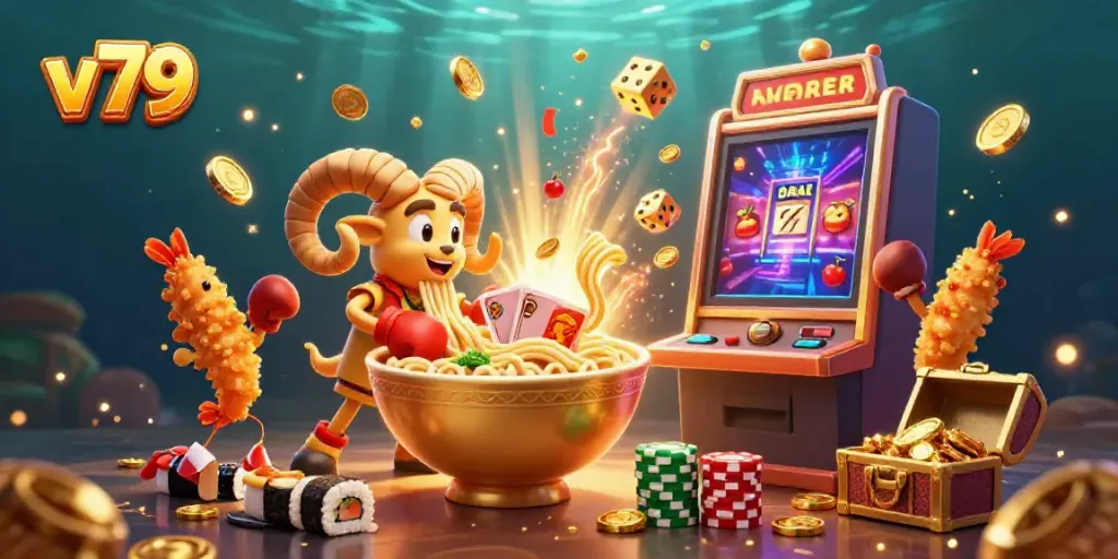 Engage with v 79's lively casino atmosphere featuring a giant ramen bowl and vibrant game elements.