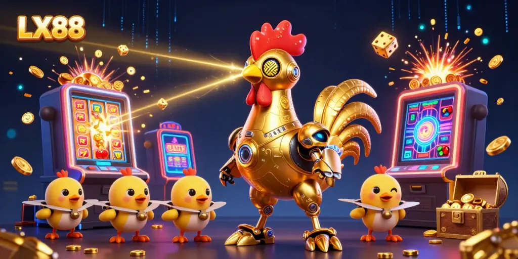 Experience the exciting world of LX88 as a golden rooster robot leads baby chick drones through a vibrant casino scene.