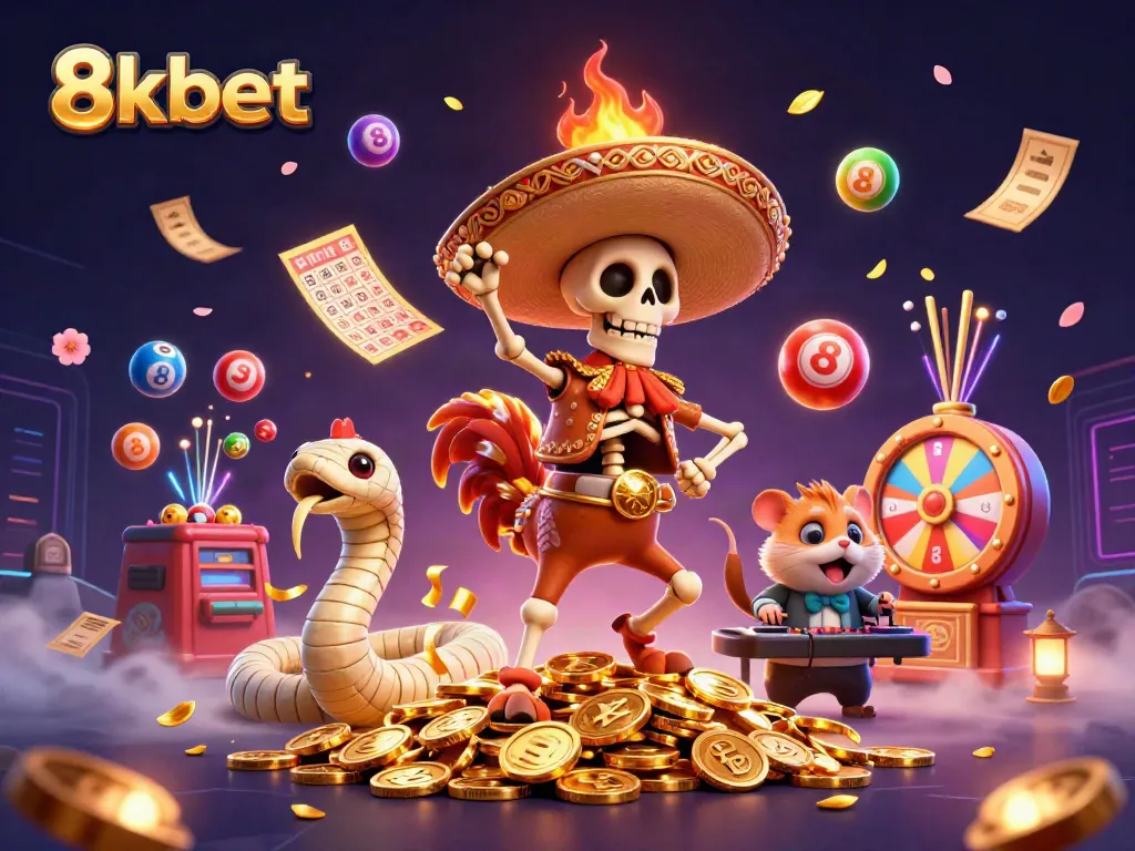 Celebrate wins at 8kbet with vibrant illustrations of lucky characters and dynamic gambling elements.