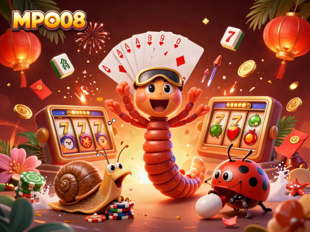Experience excitement with MPO08's vibrant casino scene featuring playful characters and dynamic elements.