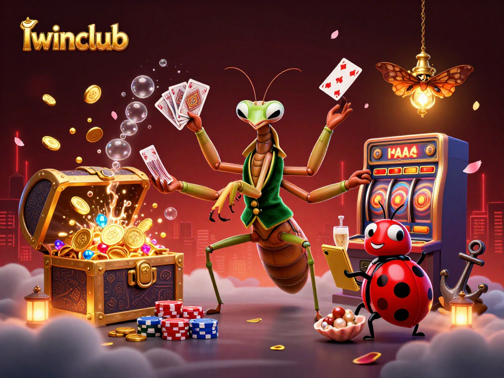 Iwinclub showcases a lively casino scene with a giant mantis dealer and colorful gaming elements.