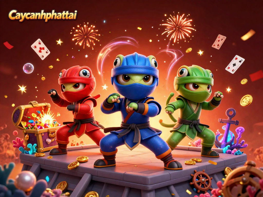 Experience the thrill with caycanhphattai as chameleon ninjas unleash winning strategies surrounded by treasure.