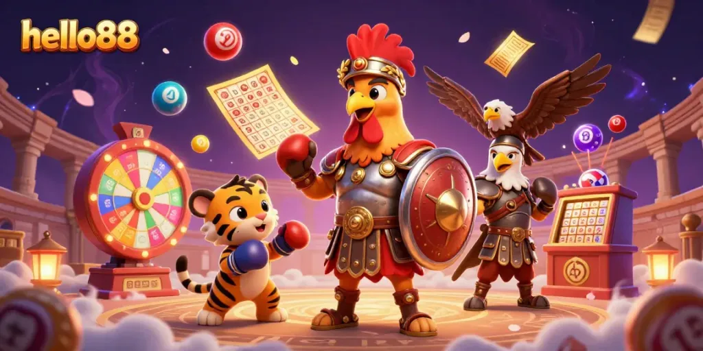 Experience the excitement of hello88 casino with a vibrant scene featuring a rooster and tiger cub in a dynamic arena setting.