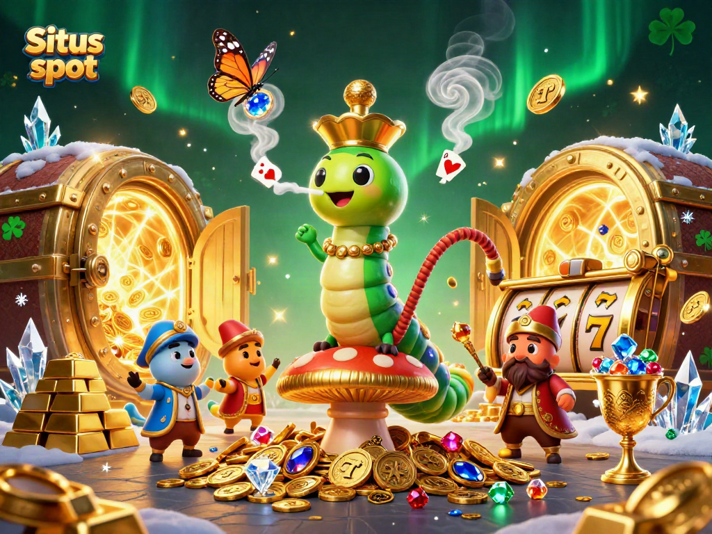 Situs slot menampilkan ilustrasi kasino 3D penuh detail dengan karakter unik dan elemen permainan yang kaya.